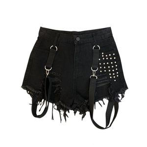 Shorts pour femme mode d'été noir Punk taille haute gland ceinture Rivet Denim pantalons femme gothique jean court Mujer 230505