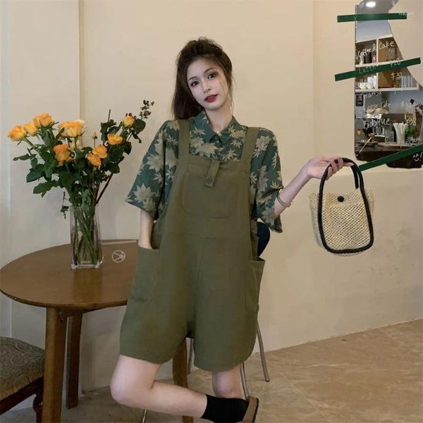 Salopette verte taille haute pour femme, combinaison d'été, Style Techwear Vintage, grande poche, pantalon, vêtements pour adolescentes et enfants