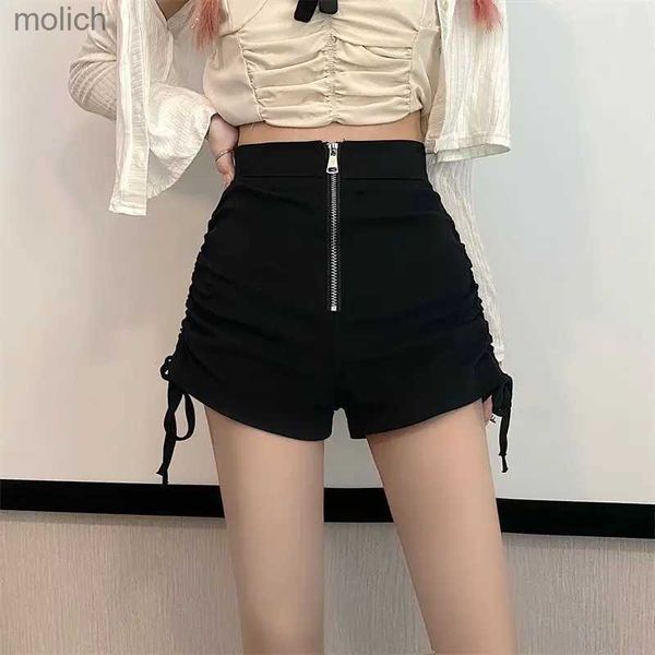 Shorts pour femmes Été Nouveau plus taille haute taille pantalon chaud décontracté noir slim zipper drawstring shorts a-line y2k sexy mode femme vêtements wx