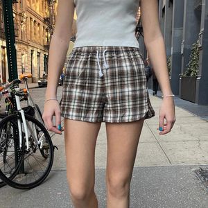 Shorts Pour Femme D'été À Carreaux Décontracté Taille Élastique Cordon Côté Fendu Pantalon Court Streetwear
