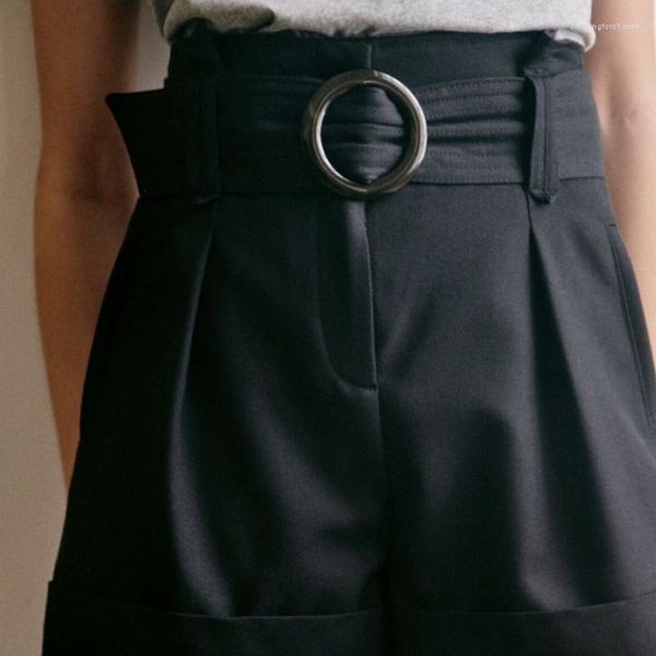Shorts pour femmes été plissé taille haute curling noir lâche ceinture poche femmes pantalons décontractés