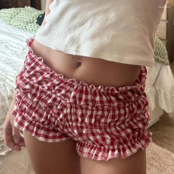 Pantalones cortos para mujer verano rojo y blanco a cuadros Y2k cintura elástica borde con volantes pastel inferior dulce niña lolita petipants