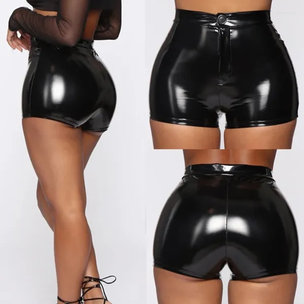 Shorts pour femmes Été Sexy Taille haute PU Cuir Y2K Solide Noir Fermetures à glissière Bouton Moulante Push Up Pantalon court pour dames Clubwear