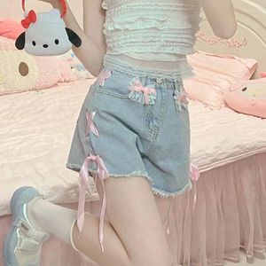 Shorts pour femmes Été Sweet Lolita Pantalons courts Filles Kawaii Taille haute Casual Bow Denim Femmes Style coréen Rose Dentelle Bandage Jeans 2023