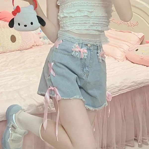 Shorts pour femmes Été Sweet Lolita Pantalons courts Filles Kawaii Taille haute Casual Bow Denim Femmes Style coréen Rose Dentelle Bandage Jeans 2024