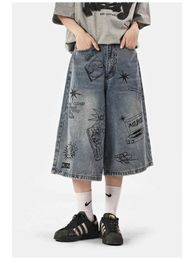 Shorts pour femmes été mince graffiti denim femmes lâche décontracté capris jambe droite vintage large baggy jeans womenyolq