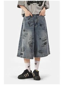 Shorts pour femmes été mince graffiti denim femmes lâche décontracté capris jambe droite vintage large baggy jeans womenyolq