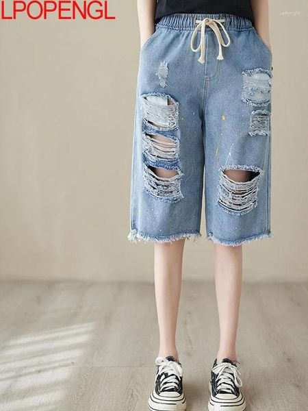 Pantalones cortos para mujer Denim de corte irregular fino de verano para mujer 2023 Pantalones cortos capris casuales sueltos Cintura elástica