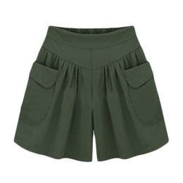 Damen-Shorts, Sommer, lässig, A-Linie, weiblich, einfarbig, lose aufgesetzte Taschen, hohe Taille, kurz, plissiert, breites Bein