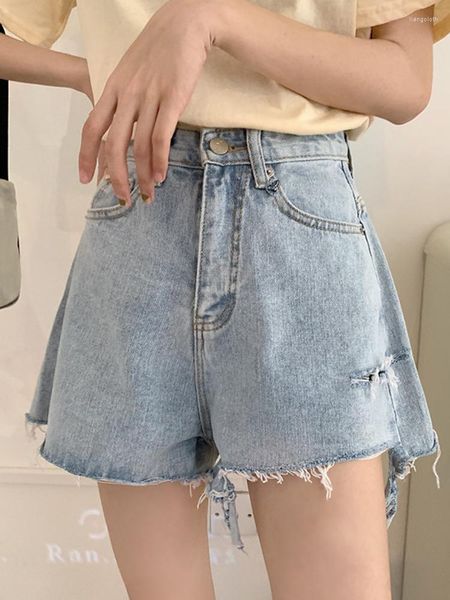 Shorts pour femmes été femmes taille haute jambe large trou effiloché denim streetwear femme bouton lâche bleu jean bas