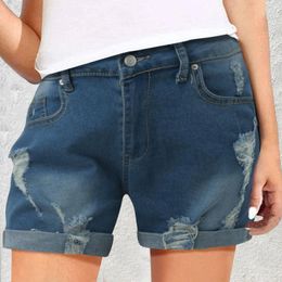 Shorts féminins d'été Femmes Ripped Jeans Vintage Blue High Taist Casual Denim 2024 Fashion Ladies Pockets Streetwear