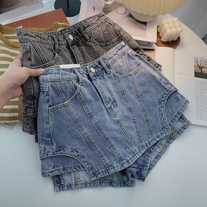 Women's Shorts Summer Dames Blue Black Shorts Fashion High Taille Splited Solid Color Onregelmatige A-Line Wide Leg Denim Shorts Vrouw 230425