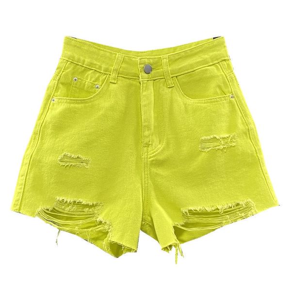 Shorts pour femme Été femmes décontracté trou gland denim Shorts néon jaune poche Shorts jean mode femmes de haute qualité a-ligne vêtements de rue 230406