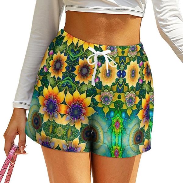Pantalones cortos de mujer con estampado Floral de girasol, diseño informal, cintura elástica, pantalones cortos de gran tamaño, pantalones bonitos