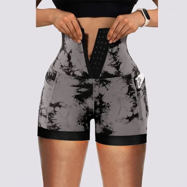 Pantalones cortos para mujer Sunmmer Fashion Tie Dye Cintura alta Tres pechos Flacos Control de barriga BuLift Yoga Deportes Streetwear