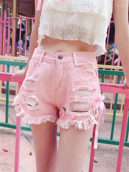 Shorts pour femmes doux taille haute corée Harajuku rue été jean court mignon Sexy déchiré Denim gland trou rose Y2k