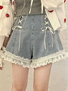 Shorts pour femme doux Lolita Denim Shorts Vintage élégant mignon dentelle Patchwork taille pantalon court jambe large Shorts Lolita ldd240312