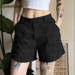 Damen Shorts Sweetown Denim Schwarz Korean Fashion Cargo Streetwear S Taschen Stich Khaki Vintage Niedrige Taille Jean Hosen 230515