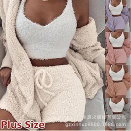 Damesshorts drie stukken Set vrouwen Winter herfst pluche huiskleding casual 3-delige pyjama's lange mouwen navelvest top en