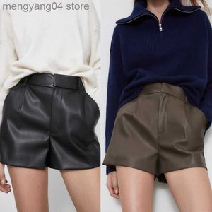 Damesshorts TRAF 2022 Mode Damesshorts Vintage PU-leren shorts Hoge taille Ongedefinieerde gedrapeerde broeken Vrouwelijke kantoorkledingshorts T230603