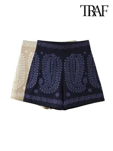 Damesshorts TRAF Damesmode Paisley-borduurwerk Linnen Vintage Hoge taille Rits aan de zijkant Vrouwelijke korte broek Mujer