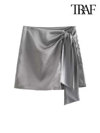 Shorts pour femmes TRAF Femmes Mode avec nœud noué Satin Jupes portefeuille Vintage Taille haute Fermeture à glissière latérale Femme Skort Mujer Y2302