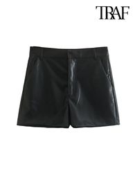 Dames shorts traf dames mode zijkant pocket kunstmatige lederen shorts vintage hoge taille zipper vliegende dames shorts gedrukt goed 230412