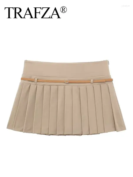 Short féminin Trafza Femmes vintage jupe solide côté fermeture zipper ceinture haute mode 2024 printemps élégant femme