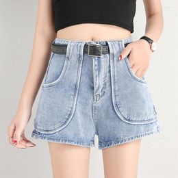 Pantalones cortos para mujer Moda Fad Mujeres Denim negro con cinturón Cintura alta Casual Mujer Piernas anchas Azul Slim Fit Big Pocket Jeans