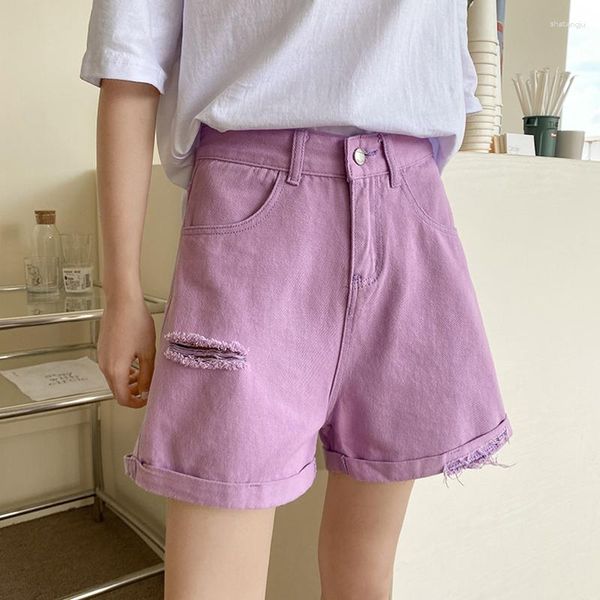 Shorts pour femmes tendance printemps été femmes taille haute jambe large violet trou denim décontracté femme lâche ins dames jean