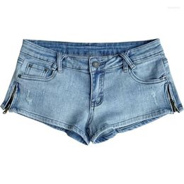 Short Femme Taille Ultra Basse Denim Bleu Clair Stretch Mince Sexy Fesses Discothèque