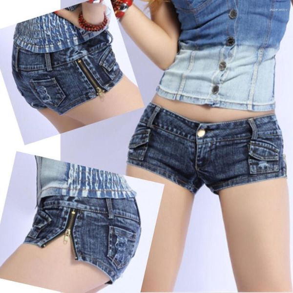 Pantalones cortos de mujer Ultra Retro rasgados cintura baja Tanga Denim cremallera lateral Mini pantalones vaqueros femeninos club nocturno femenino