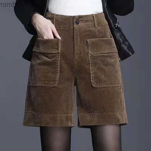 Shorts pour femme Vintage velours côtelé poche Patchwork Shorts printemps automne nouvelle couleur unie ample droit Shorts mode décontracté femmes vêtements L240119