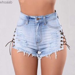 Dames Shorts Vintage Gescheurde Gat Fringe Blauwe Denim Shorts Dames Lace Up Casual Pocket Jeans Shorts 2019 Zomer Meisje Hoge Taille Hot Shorts YQ240108