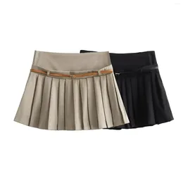 Short pour femmes vintage large jupe courte plissée avec ceinture