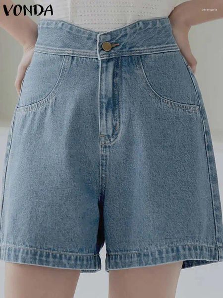 Short féminin Vonda Elegant Femmes 2024 Été High Waist Pantals Denim Pantons Pockets Cound Color Couleur Loose Streetwear