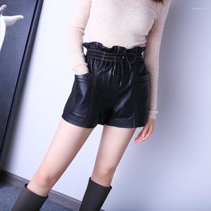 Short femme jambes larges femmes dames mince cordon grande poche décontracté en cuir véritable pantalon court Mujer Harajuku Streetwear Ropa