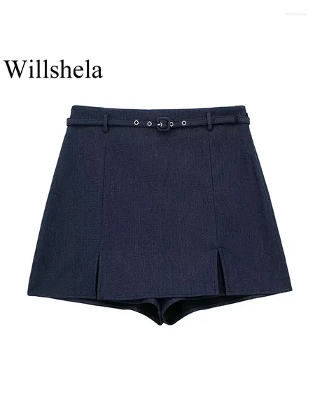 Shorts pour femmes Willshela Femmes Mode avec ceinture Bleu Marine Side Zipper Mini Jupes Vintage Taille Haute Femme Chic Lady