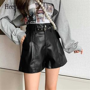 Damesshorts Winterzwarte PU-leren shorts met taille met riem Elegante korte broek ldd240312