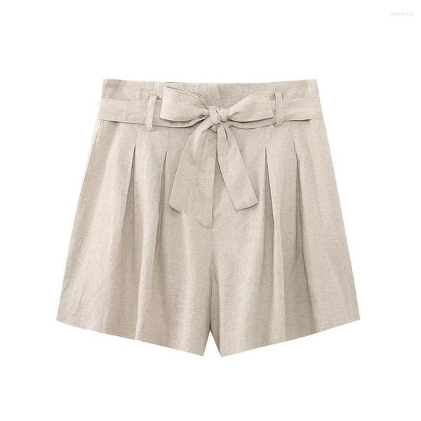 Short femme 2023 Chic mode poches latérales lin loisirs avec ceinture Vintage femme pantalon court