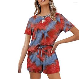 Femmes Shorts Femmes 2PC T-shirt/short Ensemble Lâche Tie-Dye À Manches Courtes Tops Cordon À Lacets Pantalon Homewear Lady Yoga Sport Survêtement