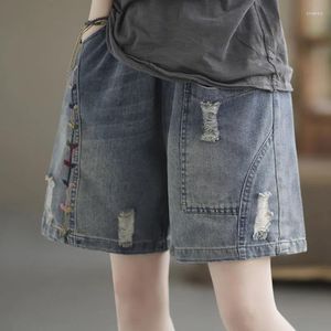 Shorts Pour Femme Femme Denim Femal Taille Haute Élastique Coupe Ample Pantalon Court Avec 2 Poches Rétro Trou Jeans Broderie