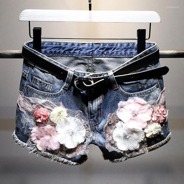 Short Femme Mode Femme Fleur Brodée Denim Short Jeans Punk Sexy Femme Feminino