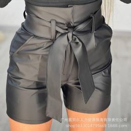 Short Femme Noir Poches Echarpes Cuir PU Taille Haute Avec Ceinture Pantalon Sexy