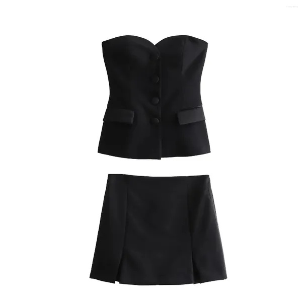 Pantalones cortos para mujer Conjuntos de falda negra Moda con aberturas en la cintura Mini faldas con cremallera lateral Mujer Sexy Bustier sin tirantes Estilo Top Trajes