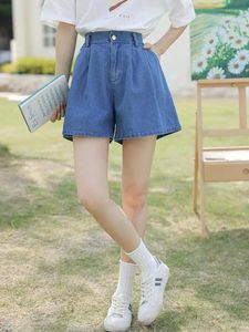 Damesshorts dames blauw denim wijde pijpen Koreaanse preppy stijl casual lente zomer hoge taille mode knoop geplooid Jean chic