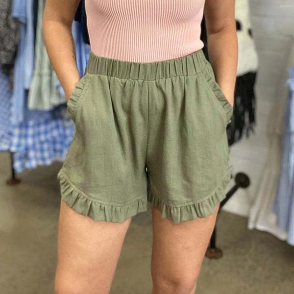 Short féminin Femmes décontractées à la taille élastique confortable Summer avec poches Coton et lin, jambe large pour sous-robes