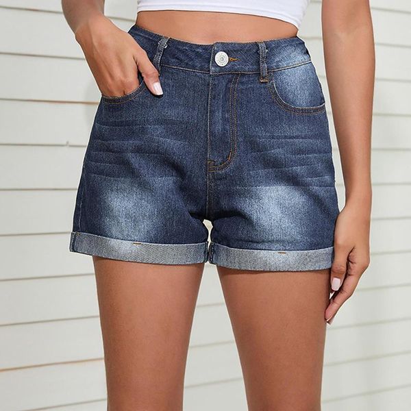 Pantalones cortos para mujer, informales, de tiro alto, con 2 botones, dobladillo doblado desgastado, vaqueros