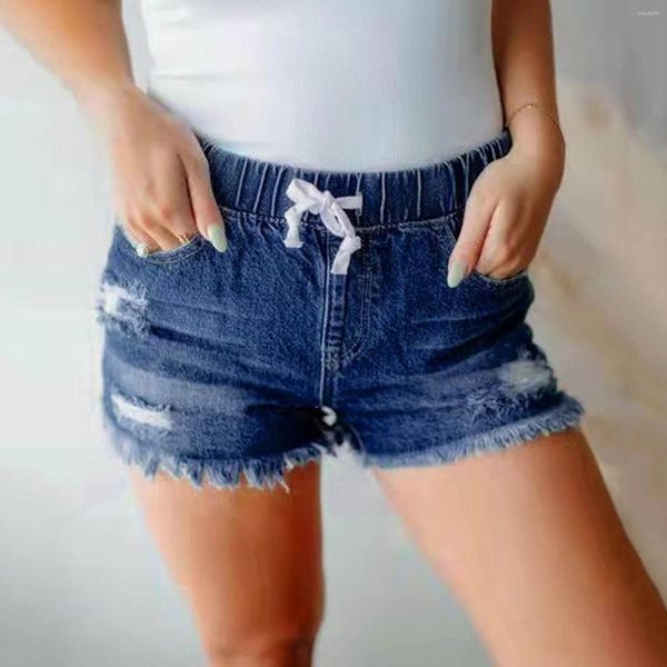 Shorts pour femmes Jeans déchirés à ourlet en denim taille haute décontractés pour femmes