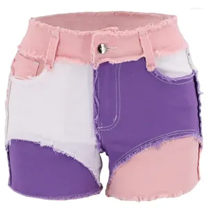 Shorts pour femmes femmes décontracté multicolore taille moyenne serré ajustement patchwork fourrure denim sexy dames rue jeans pantalons courts